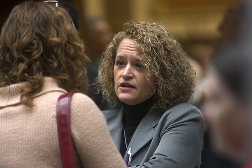 Tribune file photo
Then-Rep. Jackie Biskupski, D-Salt Lake City, talks to constituents outside the House chamber.