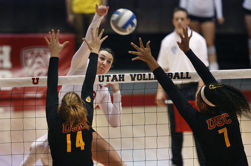 Scott Sommerdorf   |  The Salt Lake Tribune
Utah's Bailey Bateman spikes against USC during second set action. The Utes lost the first two sets to USC, 25-22 and 25-21 in USC vs Utah volleyball, Sunday, September 29, 2013