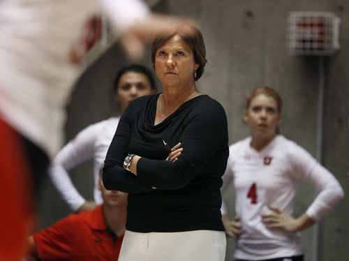 Scott Sommerdorf   |  The Salt Lake Tribune
Utah volleyball coach Beth Launiere watches during the three set loss to USC. Utah lost to USC, 25-22, 25-21, and 25-13, Sunday, September 29, 2013