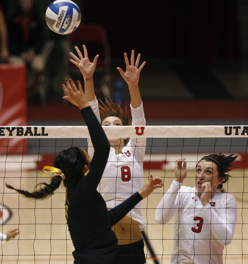 Scott Sommerdorf   |  The Salt Lake Tribune
Utah's Alli Spurrier (#8) and Bailey Bateman (#3) during first set action versus USC, Sunday, September 29, 2013. Utah lost the first two sets to USC, 25-22 and 25-21.