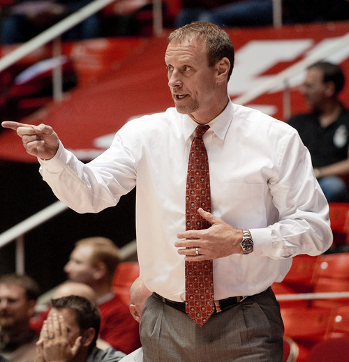 Michael Mangum  |  Special to the Tribune

Utah headcoach Larry Krystkowiak directs his team during their game against the Willamette Bearcats at the Huntsman Center on Friday, November 9, 2012. The Utes beat the Bearcats 104-47.