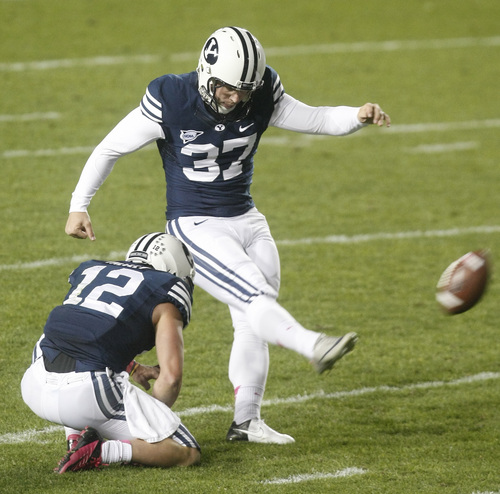 Chris Detrick  |  The Salt Lake Tribune
Brigham Young Cougars kicker Justin Sorensen (37) kicks a field goal that is blocked by BYU during the first half of the game at LaVell Edwards Stadium Friday October 5, 2012. BYU is winning the game 6-3.