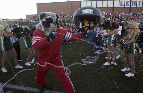 Rick Egan  | The Salt Lake Tribune 

Rocky the mascot enters the field before the Mascot bowl at Lehi High, Monday, September 30, 2013.