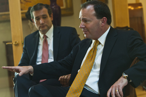Chris Detrick  |  The Salt Lake Tribune
Senator Ted Cruz, R-Texas, and Senator Mike Lee, R-Utah, speak during an interview in the home of Steve Harmsen Friday September 13, 2013.