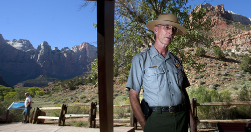Steve Griffin  |  The Salt Lake Tribune

Zion National Park Superintendent, Jock Whitworth, outlines steps Zion National Park will take if a looming federal government shutdown closes the park. He spoke outside his office in the park Monday, September 30, 2013.