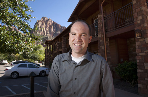 Steve Griffin  |  The Salt Lake Tribune

With Watchtower in the background, Nathan Wells,  general manager of Zion Canyon Village, stands outside the Cable Mountain Lodge just outside the Zion National Park entrance in Springdale, Utah Monday, September 30, 2013. Wells talked about what a looming federal government shutdown could mean to his business.