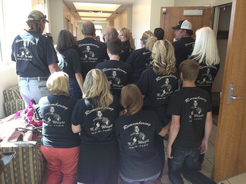 Jim Dalrymple  |  The Salt Lake Tribune
Friends and family of K. C. Wright gather outside the sentencing of Keenan Thompson on Oct 1. Thompson stabbed Wright to death July 4, 2012. Wright's family members wore matching shirts displaying his name and picture to the sentencing.