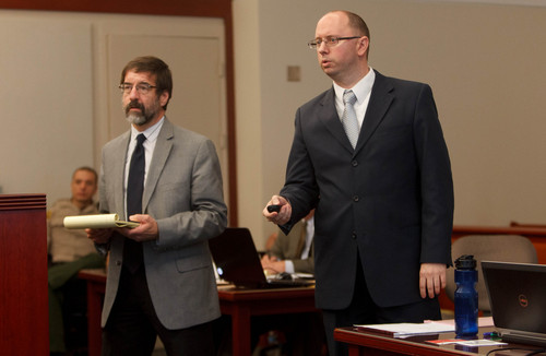 Trent Nelson  |  The Salt Lake Tribune
Defense attorney Frank Metos, left, and prosecutor Matt Janzen at a preliminary hearing for John Brickman Wall in Salt Lake City, Tuesday, October 1, 2013. Wall is a pediatrician charged in 3rd District Court with first-degree felony counts of murder and aggravated burglary in connection with the October 2011 death of his ex-wife, Uta von Schwedler.