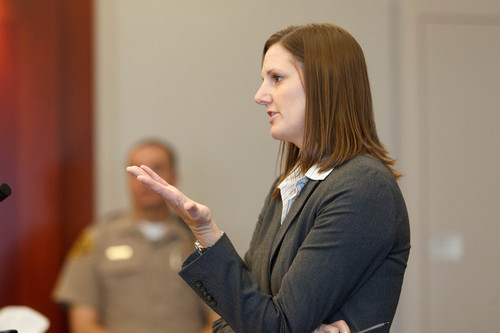 Trent Nelson  |  The Salt Lake Tribune
Attorney for the prosecution Anna Rossi questions a witness at a preliminary hearing for John Brickman Wall in Salt Lake City, Tuesday, October 1, 2013. Wall is a pediatrician charged in 3rd District Court with first-degree felony counts of murder and aggravated burglary in connection with the October 2011 death of his ex-wife, Uta von Schwedler.