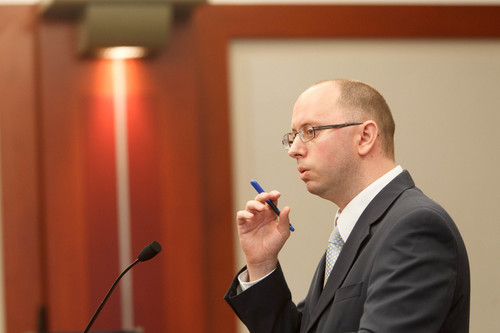 Trent Nelson  |  The Salt Lake Tribune
Attorney for the prosecution Matt Jansen questions a witness at a preliminary hearing for John Brickman Wall in Salt Lake City, Tuesday, October 1, 2013. Wall is a pediatrician charged in 3rd District Court with first-degree felony counts of murder and aggravated burglary in connection with the October 2011 death of his ex-wife, Uta von Schwedler.