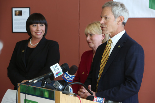 Francisco Kjolseth  |  The Salt Lake Tribune
Rep. Angela Romero, left, Karen Crompton, president and CEO of Voices for Utah Children, and Mayor Ralph Becker kick off the Affordable Care Act with a press conference at the Sorenson Unity Center in Salt Lake on Tuesday, Oct. 1, 2013.