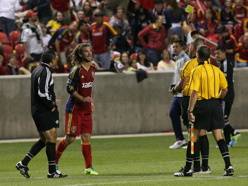 Leah Hogsten | The Salt Lake Tribune
Real Salt Lake midfielder Kyle Beckerman (5) gets yellow carded after the first half after jawing the referees. The 2013 Lamar Hunt U.S. Open Cup Final kicked off Tuesday when Real Salt Lake hosted D.C. United at Rio Tinto Stadium in Sandy, Utah, Tuesday, October 1, 2013. The winner will get a spot in the CONCACAF Champions League.
