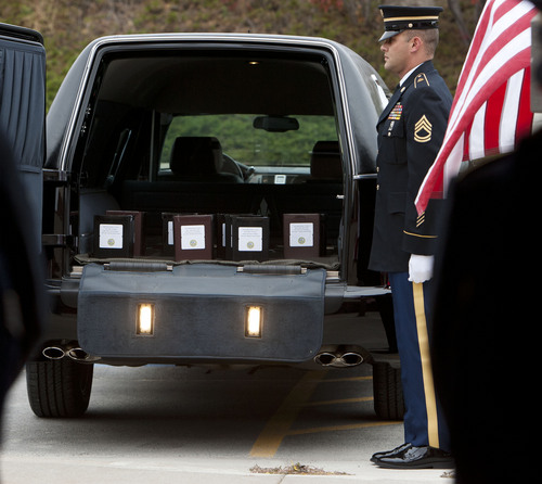 Steve Griffin  |  The Salt Lake Tribune

Unclaimed remains of veterans rest in a hearse during the Utah volunteers of the Missing In America Project's Military Funeral Service for 11 unclaimed  Utah veterans (and one spouse) whose remains have been in the care of two area mortuaries at the Utah Veterans Cemetery and Memorial Park in Bluffdale, Utah Thursday, October 3, 2013.
