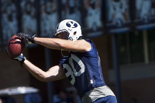 Chris Detrick  |  The Salt Lake Tribune
BYU's Marcus Mathews makes a catch during a preseason practice at the BYU outdoor practice field Thursday August 2, 2012.