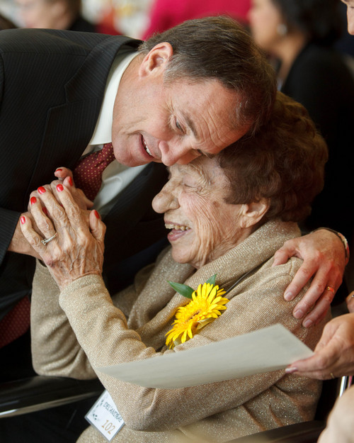 Trent Nelson  |  The Salt Lake Tribune
Utah Governor Gary Herbert embraces Mildred Del'Andrae, 102, at the Utah Centenarian Celebration in West Jordan Friday, October 4, 2013.
