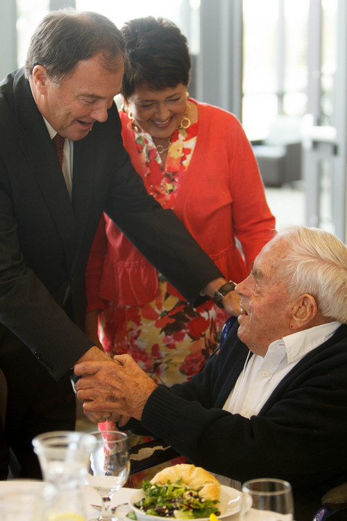 Trent Nelson  |  The Salt Lake Tribune
Utah Governor Gary Herbert and his wife Jan talk with Alex Wadley, 102, at the Utah Centenarian Celebration in West Jordan Friday, October 4, 2013.