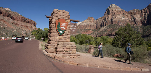 Steve Griffin  |  The Salt Lake Tribune

The entrance to Zion National Park near Sprindale, Utah Monday, September 30, 2013. A looming federal government shutdown could close all National Parks.