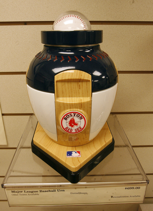 Scott Sommerdorf   |  The Salt Lake Tribune
A personalized urn for a deceased Boston Red Sox fan on display in the showroom at Jenkins-Soffe Funeral Chapels and Cremation Center, Thursday, September 12, 2013.