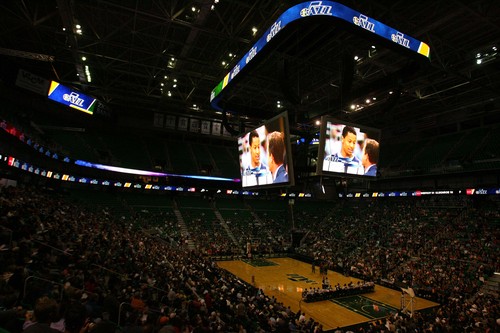 Leah Hogsten | The Salt Lake Tribune
Utah Jazz guard Trey Burke is projected on the new giant video screens. Utah Jazz fans filled EnergySolutions Arena to get a glimpse at this year's players during the annual scrimmage Saturday, October 5, 2013. The Jazz roster currently includes 20 players, but NBA rules require that that number must be reduced to 15 by opening night, Oct. 30 against Oklahoma City.