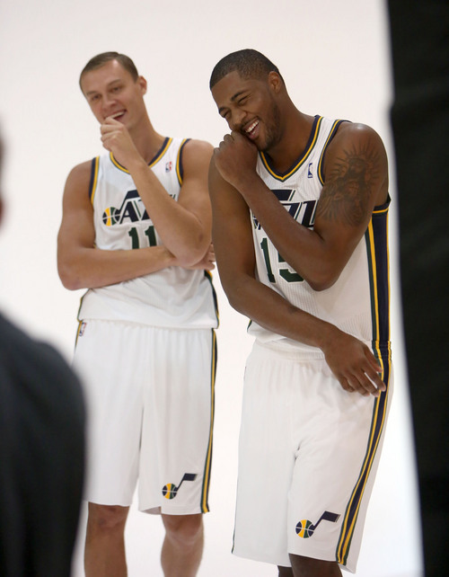 Francisco Kjolseth  |  The Salt Lake Tribune
Andris Biedrins, left, and Derrick Favors of the Utah Jazz crack up as they attend Media Day at the Zions Bank Basketball Center in Salt Lake on Monday, Sept. 30, 2013, as the team gets their official team pictures taken and are interviewed by the media.