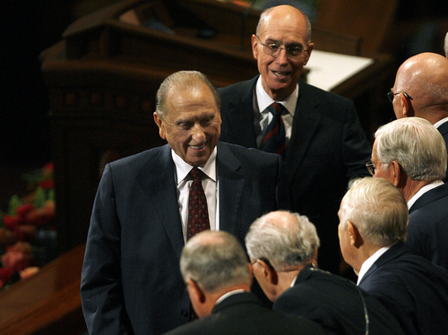 Scott Sommerdorf   |  The Salt Lake Tribune
LDS President Thomas S. Monson and other members of the Quorum of the Twelve Apostles visit with each other as they leave the morning session of the 183rd LDS General Conference, Saturday, October 5, 2013.