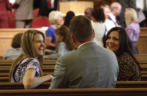 Leah Hogsten | The Salt Lake Tribune
Members of the the Parley's Seventh Ward mingle as they file out of church after sacrament meeting, Sunday, September 22, 2013. The ward is for LDS singles only, ages 31-45, and has some 429 women and 264 men.