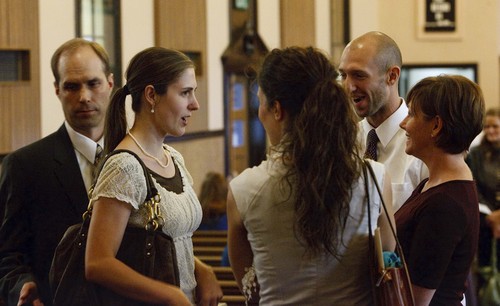 Leah Hogsten | The Salt Lake Tribune
Members of the the Parley's Seventh Ward mingle as they file out of church after sacrament meeting, Sunday, Sept. 22, 2013. The ward is for LDS singles only, ages 31-45, and has some 429 women and 264 men.