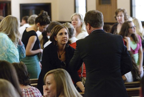 Leah Hogsten | The Salt Lake Tribune
Members of the the Parley's Seventh Ward mingle as they file out of church after sacrament meeting, Sunday, Sept. 22, 2013. The ward is for LDS singles only, ages 31-45, and has some 429 women and 264 men.