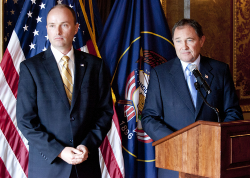 Keith Johnson | The Salt Lake Tribune
 
Utah Rep. Spencer J. Cox, R, Fairview and Utah Gov. Gary Herbert answer questions after announcing that Cox's nomination for Lt. Governor, October 8, 2013 in Salt Lake City.