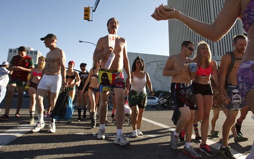 Leah Hogsten | The Salt Lake Tribune
Underwear-clad runners took a jog from the Salt Lake City and County Building to the Utah Capitol, up State Street and back, Sunday, October 6, 2013, to beat the Guinness World Records the group set last year.