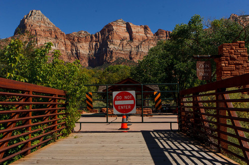 Trent Nelson  |  The Salt Lake Tribune
The pedestrian entrance to Zion National Park remained closed due to the government shutdown Sunday, October 6, 2013.