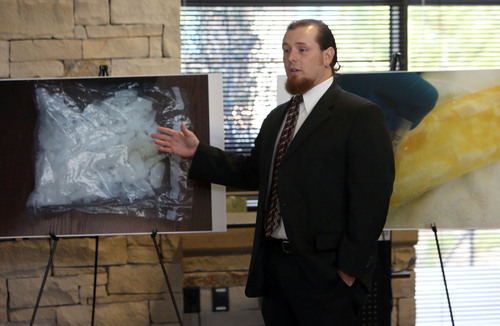 Francisco Kjolseth  |  The Salt Lake Tribune
Sergeant Brady Fitzpatrick with the Davis Metro Narcotics Strike Force talks about the 17 pounds of meth recently confiscated by several agencies during a press conference at the Park City police department. Three arrests were made and $17,000 in cash and an SUV were also confiscated in the drug bust.