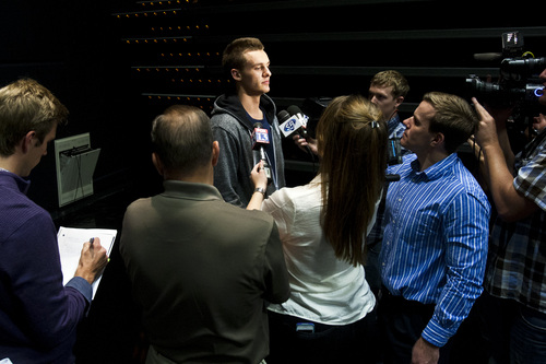 Chris Detrick  |  The Salt Lake Tribune
BYU's Kyle Collinsworth talks with members of the media Tuesday October 8, 2013.