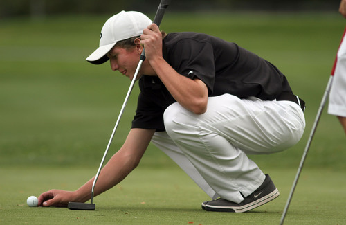 Francisco Kjolseth  |  The Salt Lake Tribune
Kelton Hirsch of Viewmont lines up a putt on hole 16 on his way to winning the 5A boys' state golf tournament at the Alpine Country Club in Highland on Tuesday, Oct. 8, 2013.