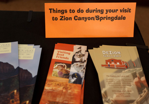 Trent Nelson  |  The Salt Lake Tribune
Many Springdale businesses feature new displays giving tourists information about other local attractions as Zion National Park remains closed due to the government shutdown, Wednesday, October 9, 2013. This display was photographed in the Zion Canyon Giant Screen Theatre.