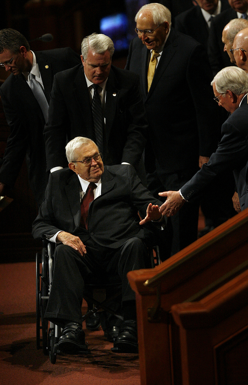 Scott Sommerdorf   |  The Salt Lake Tribune
President Boyd K. Packer is helped as he leaves the afternoon session of the 183rd LDS General Conference in his wheelchair, Saturday, October 5, 2013.