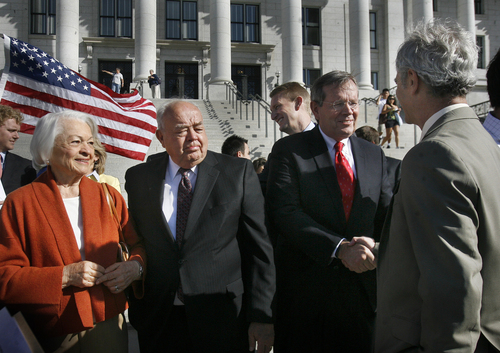 Scott Sommerdorf  |  The Salt Lake Tribune
Norma Matheson, left, former Utah Governor Norm Bangerter, center, look on as former Utah Governor Mike Leavitt greets Salt Lake City Mayor Ralph Becker, far right, on the south steps of the State Capitol building on Wednesday. They were all on hand to support the "Count My Vote" effort on the south steps of the State Capitol building.