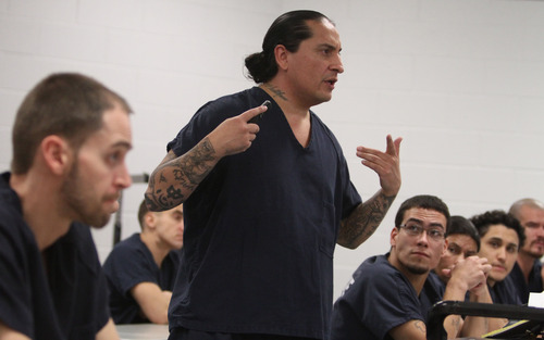 Rick Egan  | The Salt Lake Tribune 

Angel Balderrama instructs inmates during the Graveyard GOGI class at Salt Lake County's Oxbow Jail. Balderrama said after the class that GOGI  has given him inner freedom. Monday, August 26, 2013.