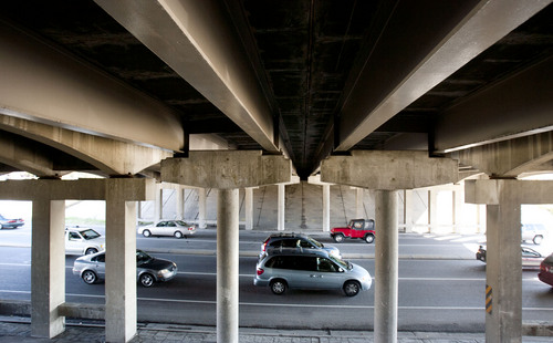 Steve Griffin  |  The Salt Lake Tribune

A third of Utah bridges soon will be older than 50 years old. Here cars pass under the I-15 bridge at 500 South in Bountiful Friday, October 11, 2013, which is one that will be replaced next year.