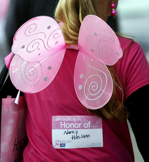 Keith Johnson | The Salt Lake Tribune
 
Bonnie Rimmasch, walking in honor of her cousin Nancy Haslam, participates in the Making Strides Against Breast Cancer walk at Liberty Park in Salt Lake City, October 12, 2013.