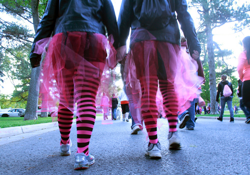 Keith Johnson | The Salt Lake Tribune
 
George and Charlie Martin wear tutus and colorful tights while participateingwhile participating in the Making Strides Against Breast Cancer walk at Liberty Park in Salt Lake City, October 12, 2013.