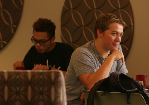 Leah Hogsten  |  The Salt Lake Tribune
Freshman Ben Biesterfeld, 18, of Conifer, Colo., discusses the University of Utah's new admissions policy at the U.'s Heritage Center.