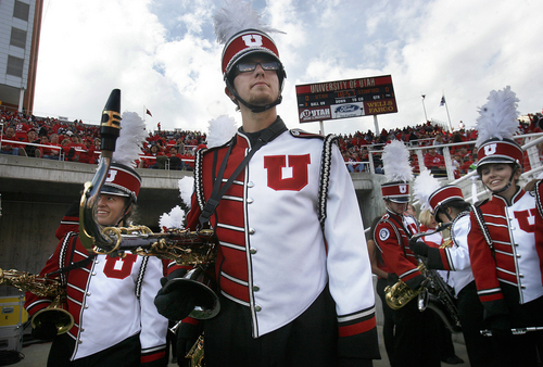 Scott Sommerdorf   |  The Salt Lake Tribune
Tenor Saxaphone player Jason Lemmon waits with the rest of the band waiting to perform in the pre-game before the Stanford game. Utah upset #5 Stanford 27-21, Saturday, October 12, 2013.