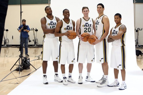 Francisco Kjolseth  |  The Salt Lake Tribune
Jazz players, Derrick Favors, Alec Burks, Gordon Hayward, Enes Kanter and Trey Burke, from left, crack up as they attend Media Day at the Zions Bank Basketball Center in Salt Lake on Monday, Sept. 30, 2013, for their official team pictures and to be interviewed by the media.