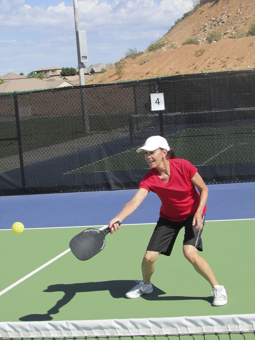 Tom Wharton  |  The Salt Lake Tribune
Marilyn Evans of St. George hits pickleball during practice at Little Valley Pickleball Complex in St. George.