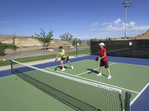 Tom Wharton  |  The Salt Lake Tribune
Di Shanklin of Ivins waits for ball with partner Marilyn Evans of St. George at the Little Valley Pickleball Complex in St. George.