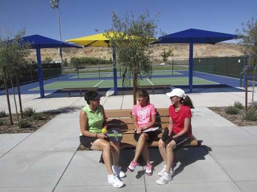 Tom Wharton  |  The Salt Lake Tribune
Di Shanklin, Denise Allen and Marilyn Evans enjoy chatting between games at the Little Valley Pickleball Complex in St. George.