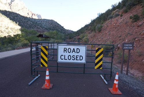 Steve Griffin  |  The Salt Lake Tribune

The road to the entrance of the Zion Canyon Scenic Drive is closed in Zion National Park due to the federal government shutdown Tuesday October 1, 2013.