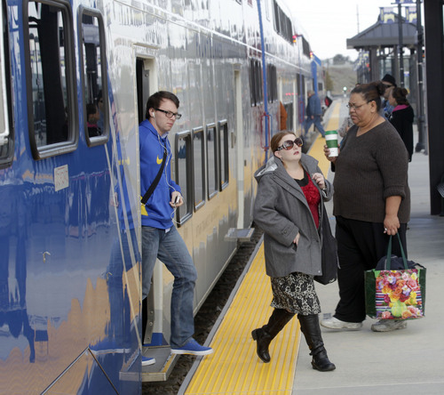 Al Hartmann  |  The Salt Lake Tribune
About 20 passengers disembark from a northbound UTA FrontRunner train at Central Station in Salt Lake City Monday Oct. 14, 2013.
