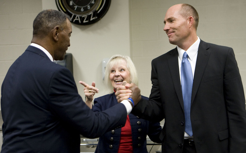 Keith Johnson | The Salt Lake Tribune
 
Former University of Utah football player Marv Fleming, left, talks to Vicky McBride and former BYU football player Chad Lewis prior to Fleming's induction into the Utah Sports Hall of Fame October 15, 2013 in Salt Lake City.  The other 2013 inductees include Vicky's husband Ron, a former U of U and Weber State University football coach, former BYU quarterback Jim McMahon, former professional golfer Billy Casper and former BYU volleyball player Michelle Fellows Lewis. Chad Lewis was inducted in 2012.